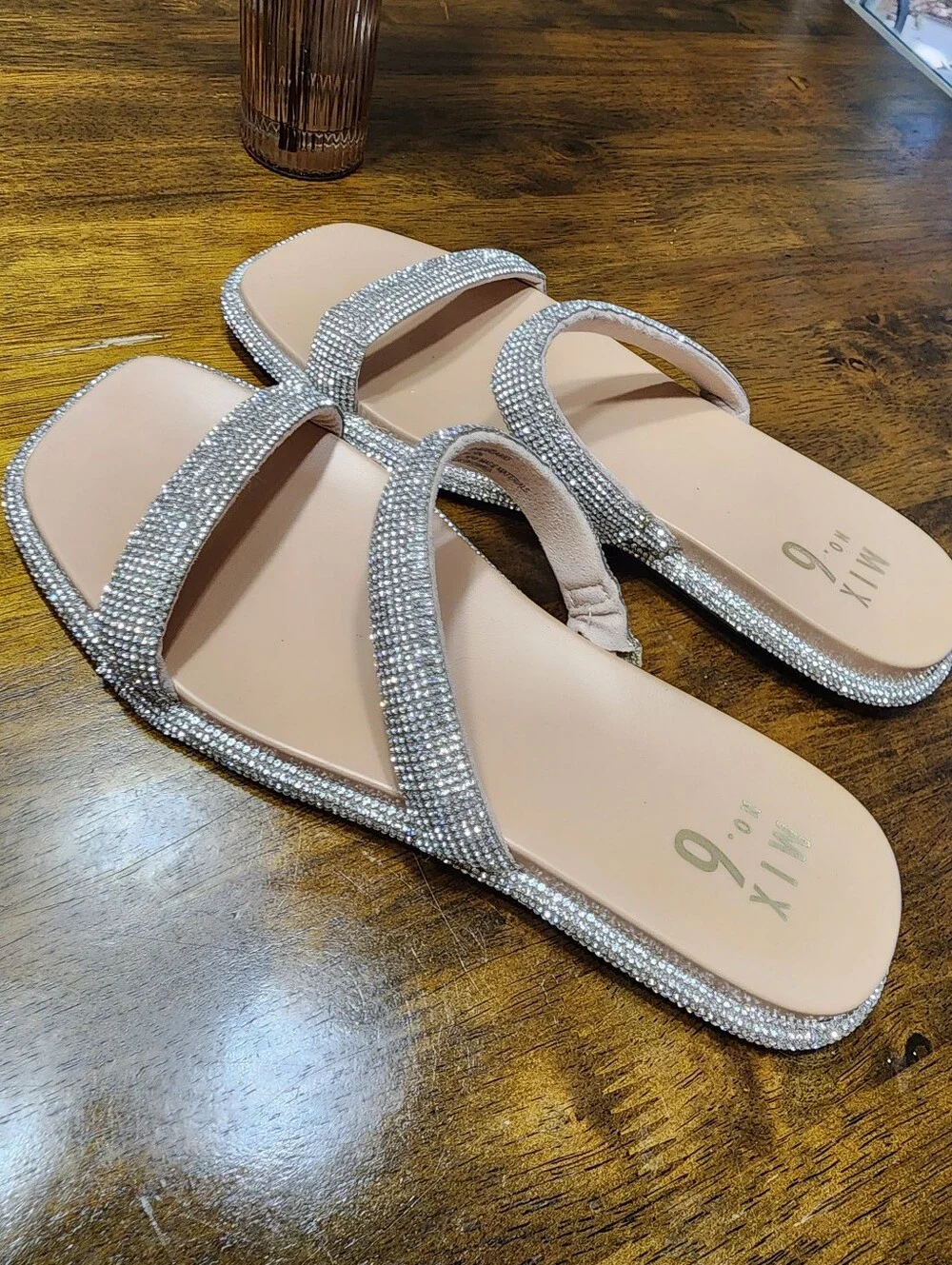 Marsaaki Rhinestone Double Strap Flat Slide Sandals